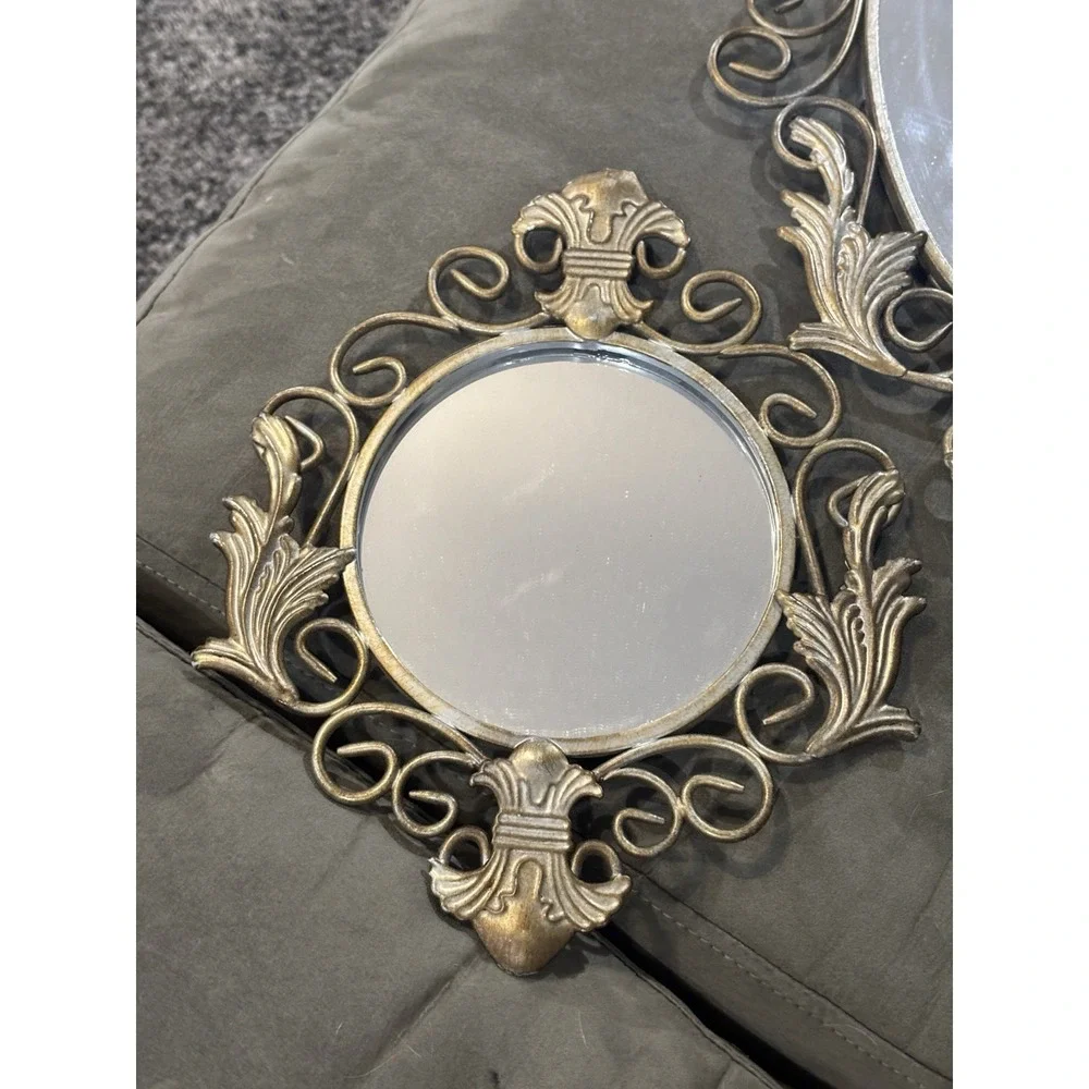 Home Interiors Set Of 3 Oval & Round Brushed Gold Ornate Wall Hanging Mirrors